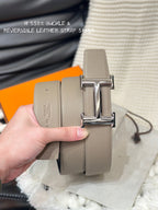 HM 5382 BELT SILVER BUCKLE & REVERSIBLE CAMEL BROWN LEATHER STRAP 38MM