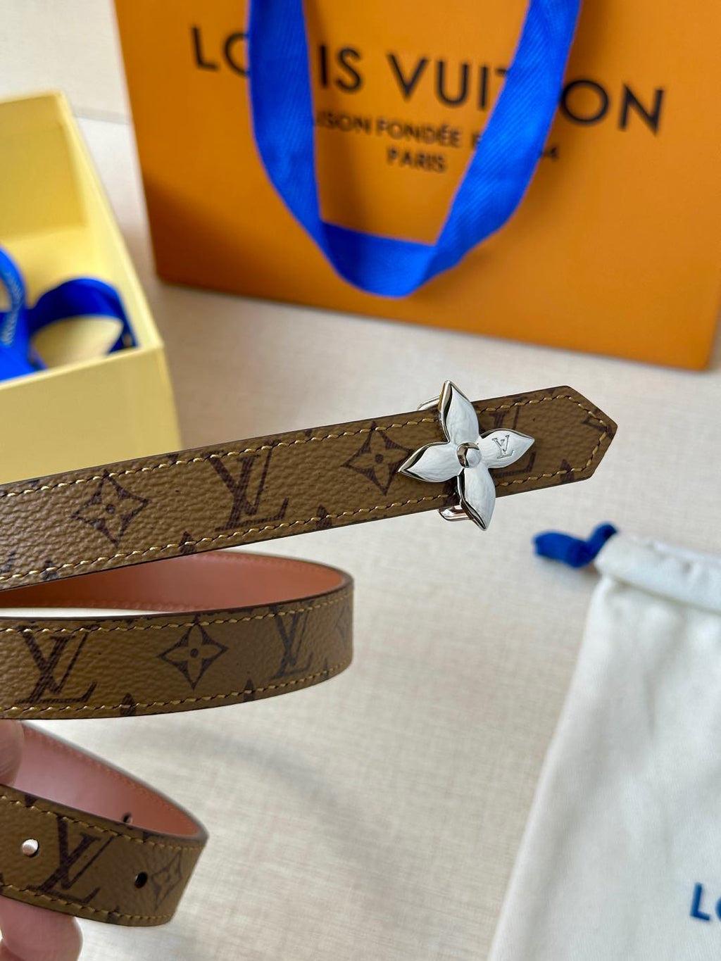LV Flowergram 20mm Reversible Belt Brown Calfskin