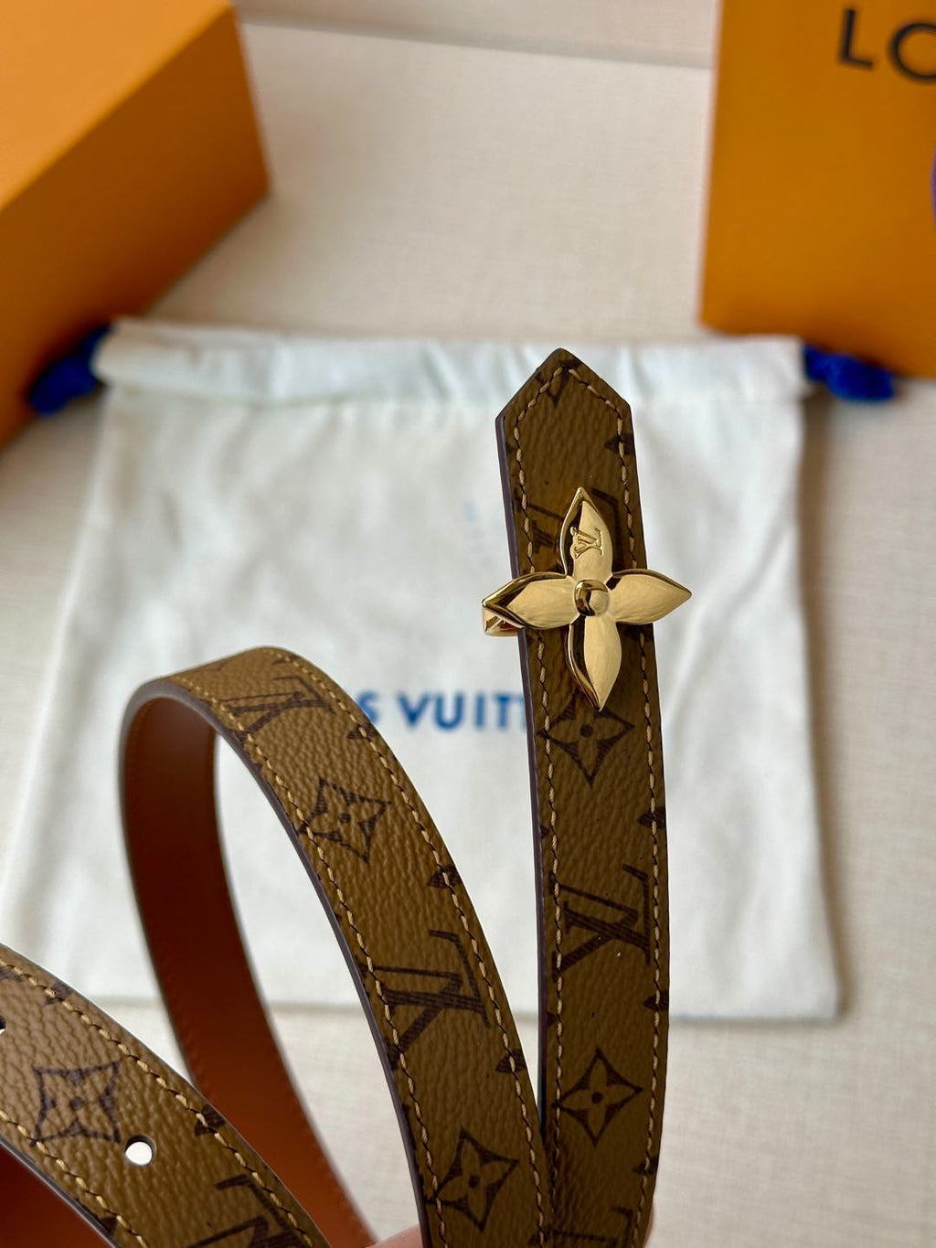 LV Flowergram 20mm Reversible Belt Brown Calfskin