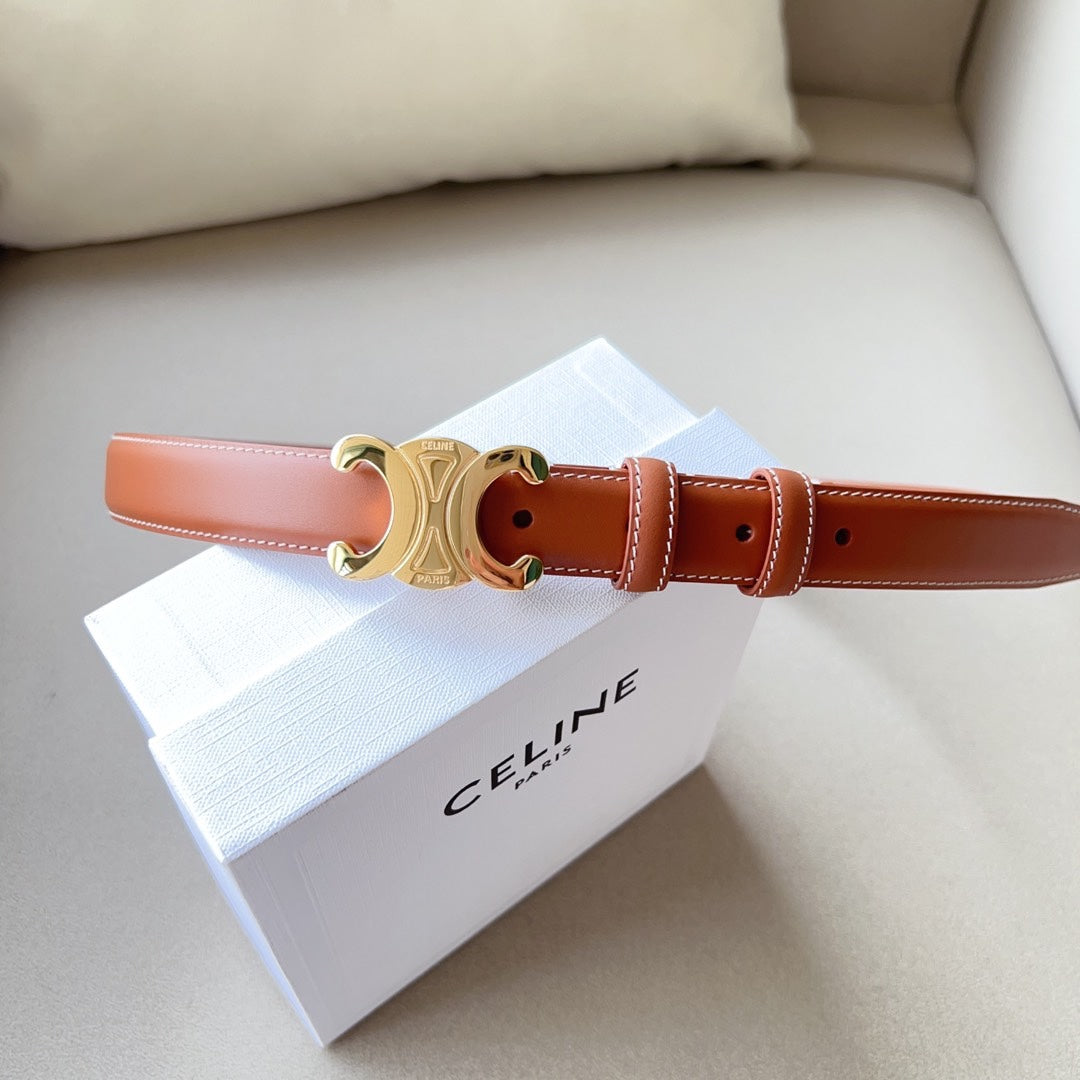 Medium Triomphe Belt 25mm Tan Calfskin White Line Finishing Ghw