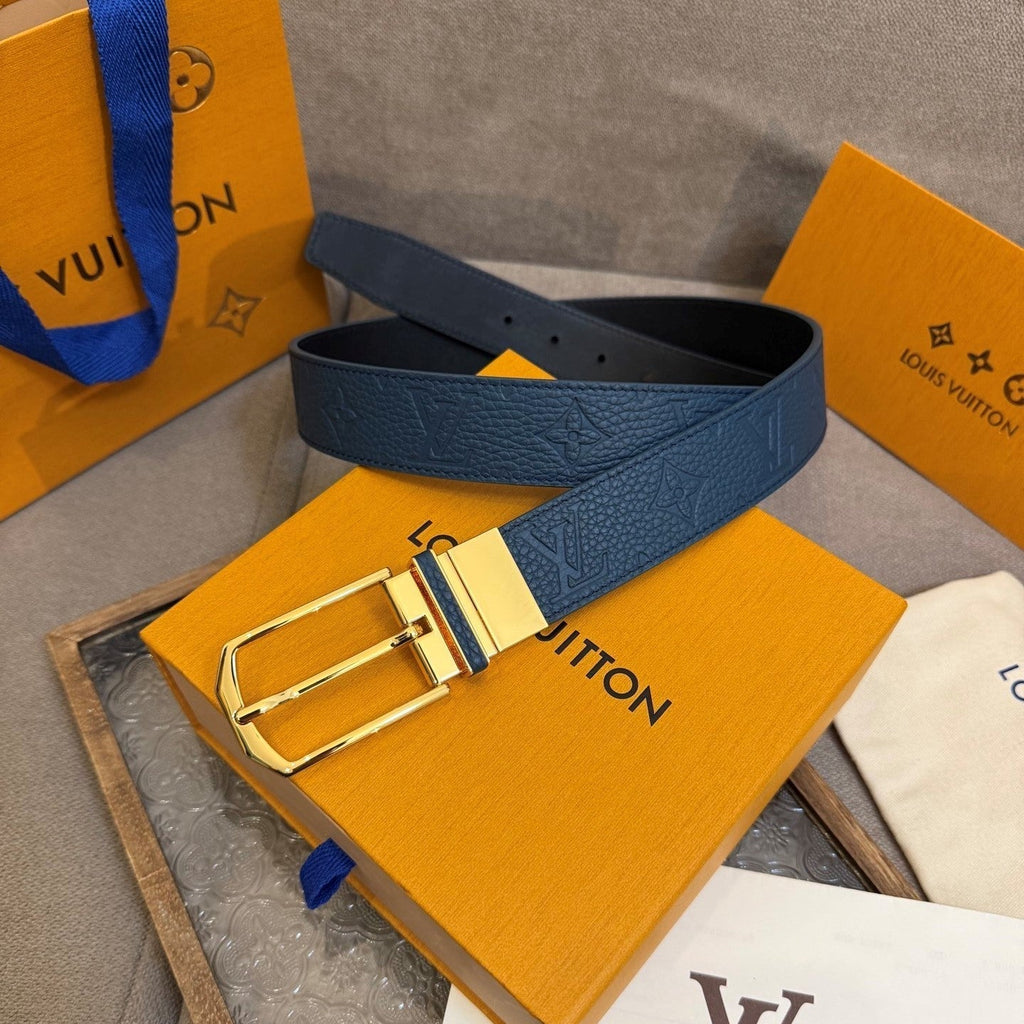 LV Slender Men Belt 35mm Deep Blue Embossed Monogram Leather Light GHW