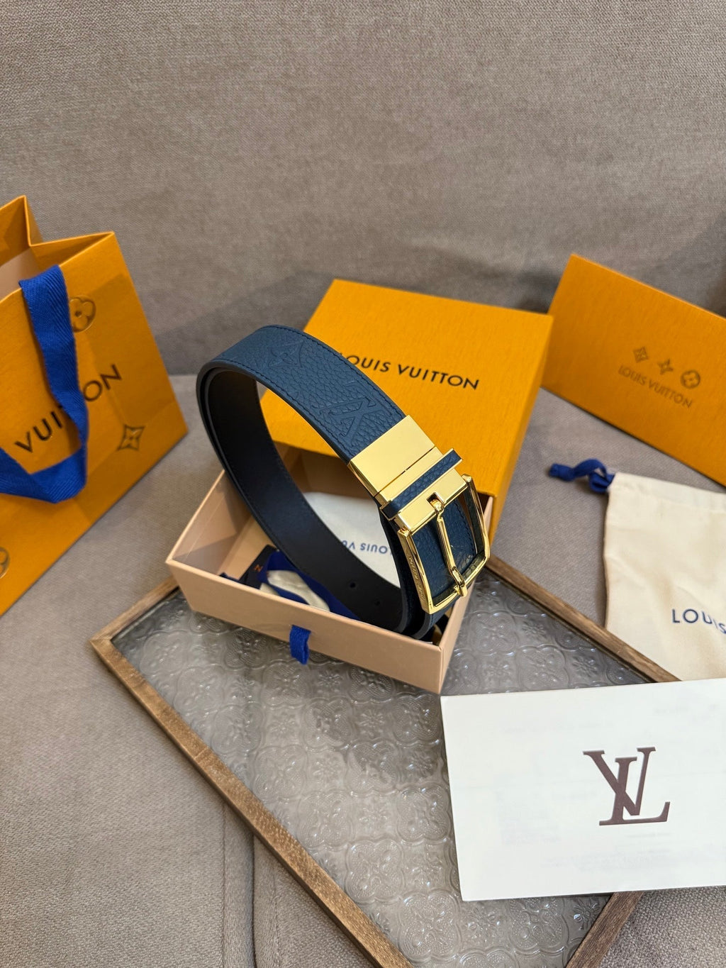 LV Slender Men Belt 35mm Deep Blue Embossed Monogram Leather Light GHW