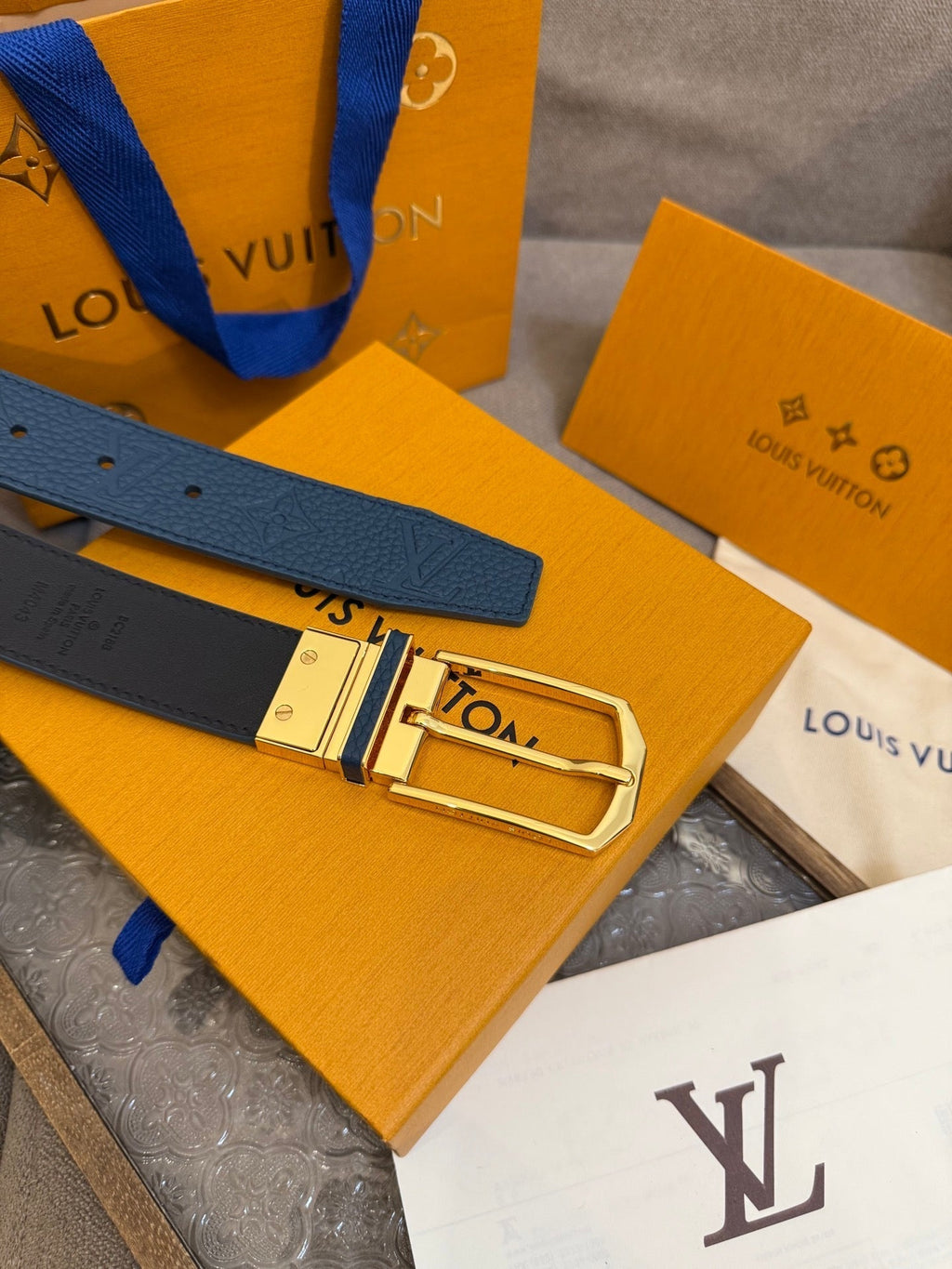 LV Slender Men Belt 35mm Deep Blue Embossed Monogram Leather Light GHW