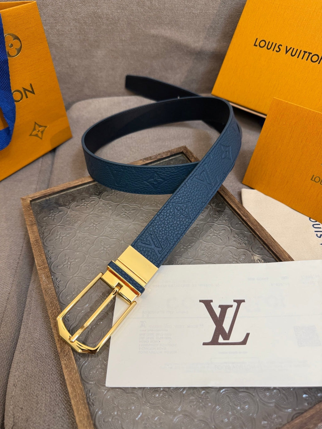LV Slender Men Belt 35mm Deep Blue Embossed Monogram Leather Light GHW