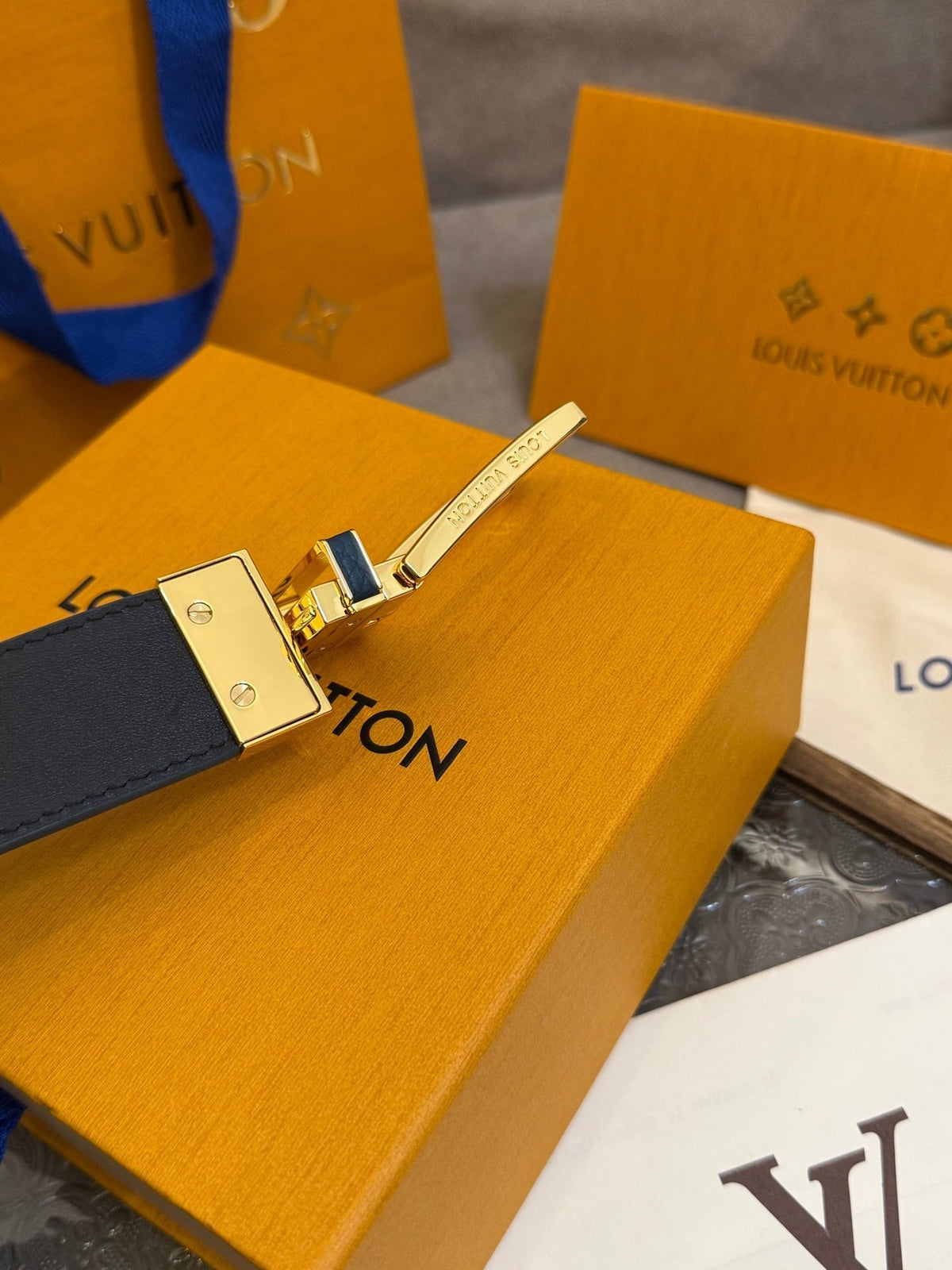 LV Slender Men Belt 35mm Deep Blue Embossed Monogram Leather Light GHW