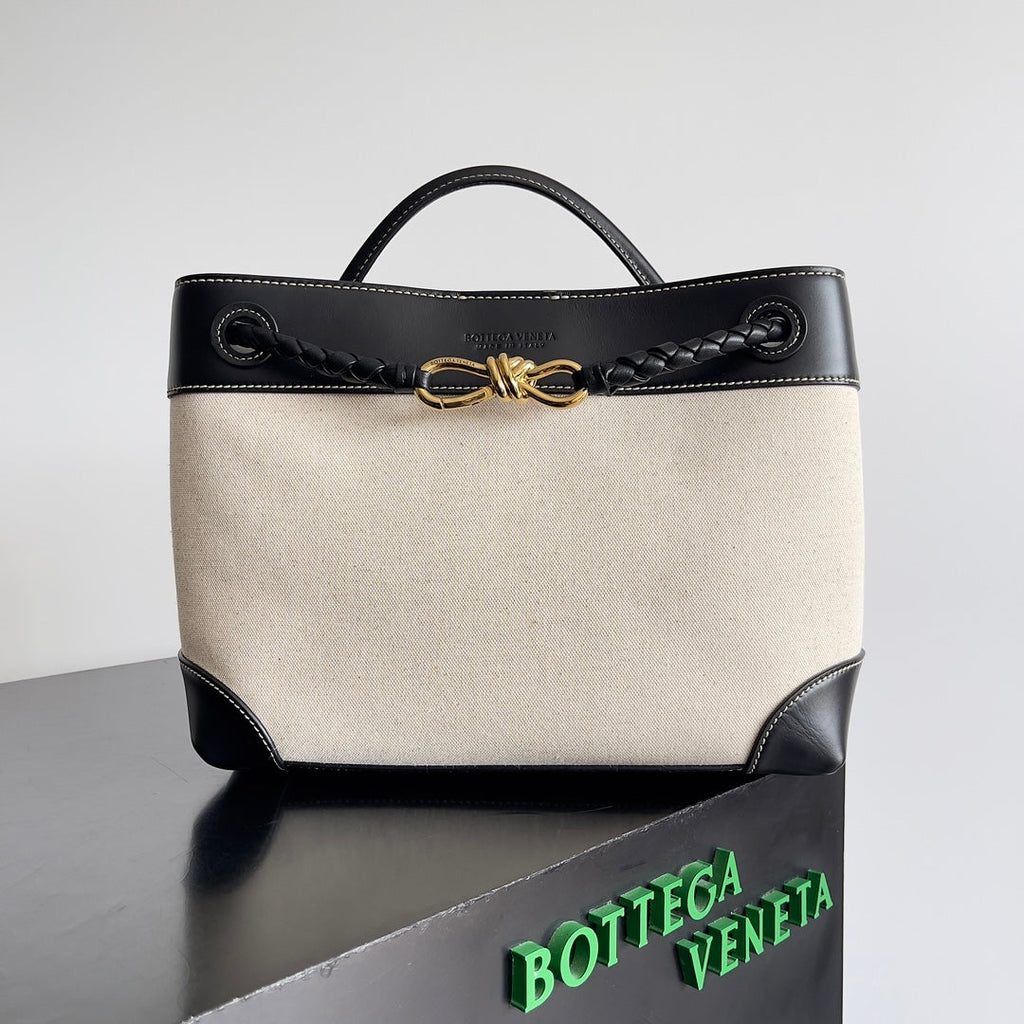 BV Medium Andiamo 32 In Beige Canvas Black Calfskin 209020