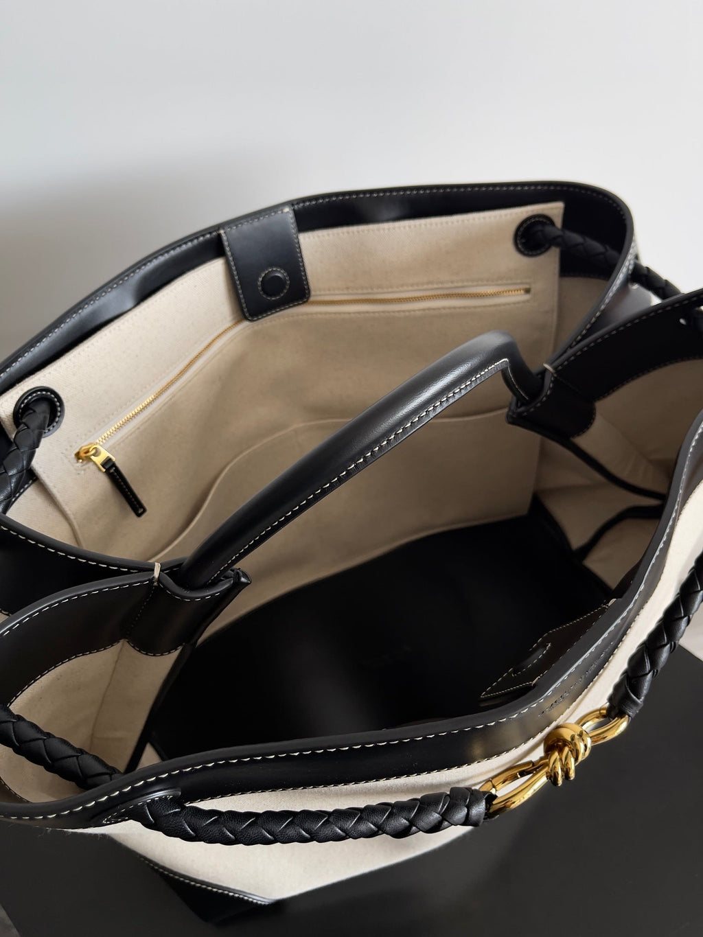 BV Large Andiamo 45 In Beige Canvas Black Calfskin 209025