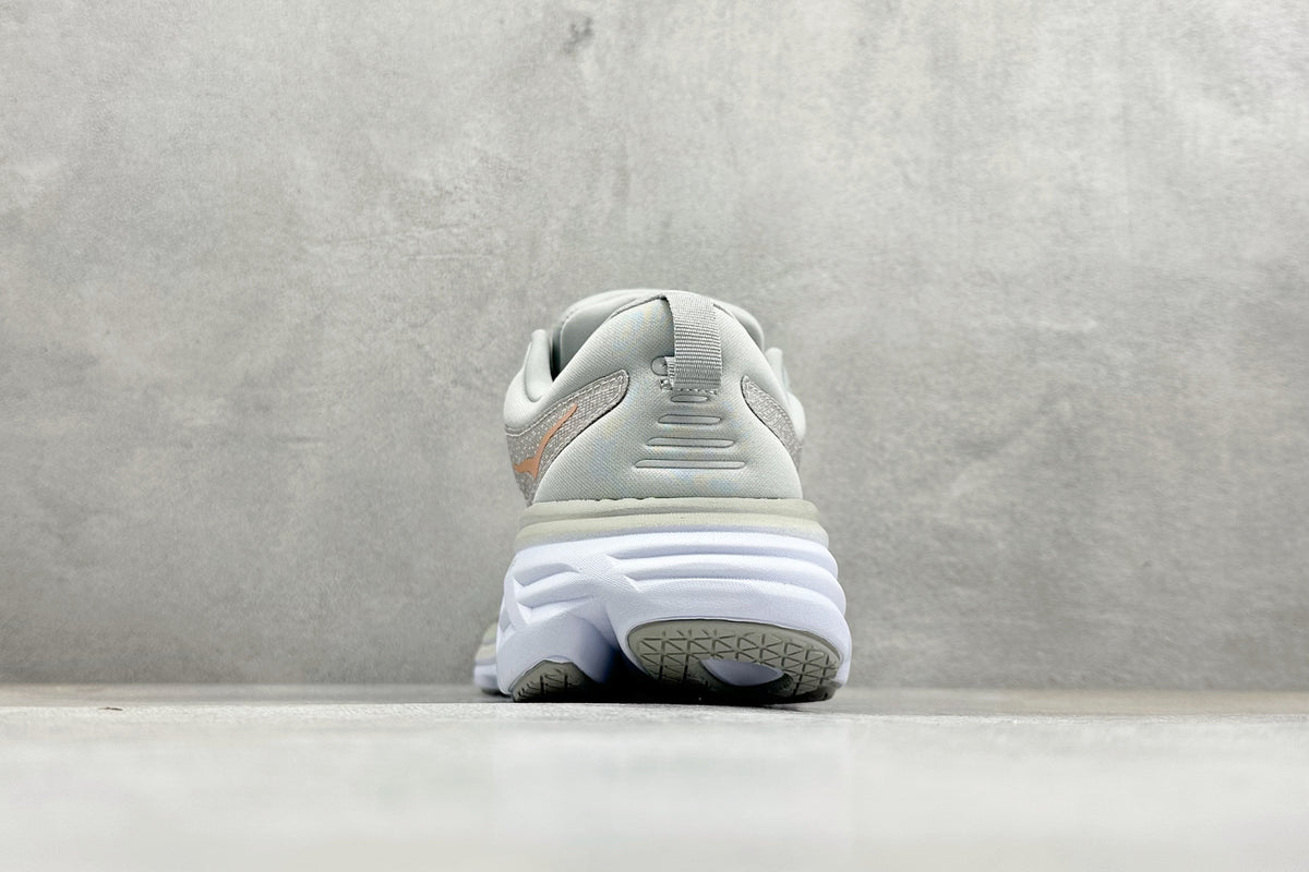 HOKA Bondi 8 Light Gray Rose Gold Logo Running Sneaker
