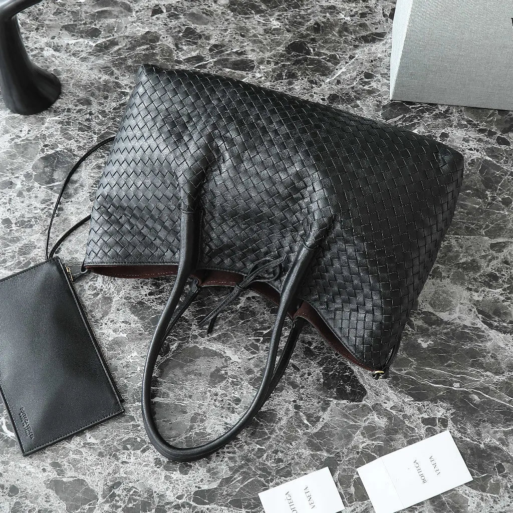 BV Pinacoteca Bag 43cm Black Intrecciato Calfskin & Suede