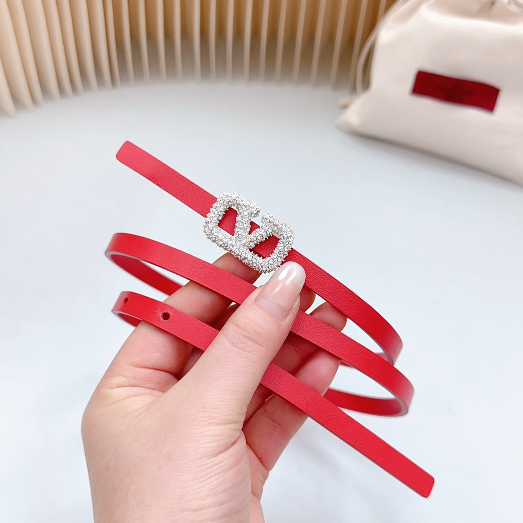 VL Belt 8mm Buckle Silver Diamond Leather Red
