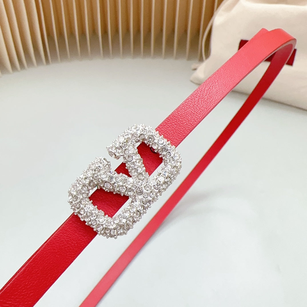 VL Belt 8mm Buckle Silver Diamond Leather Red
