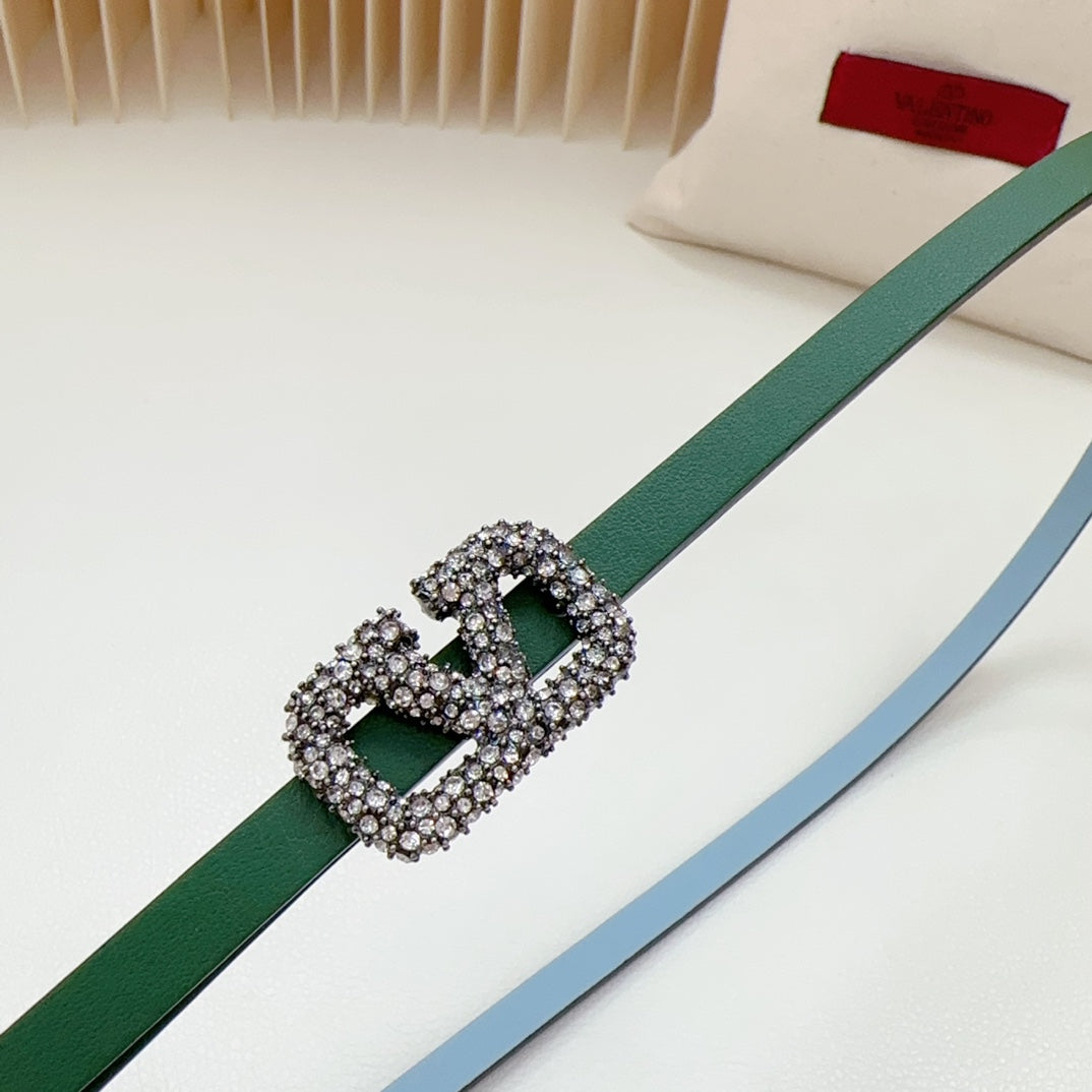 VL Belt 8mm Buckle Silver Diamond Leather Green Cloud Blue