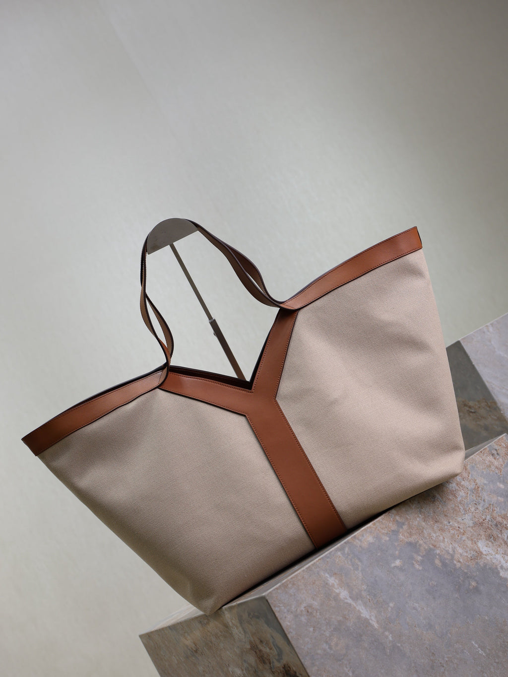 Prada Y Tote Bag Beige Brown Canvas Leather