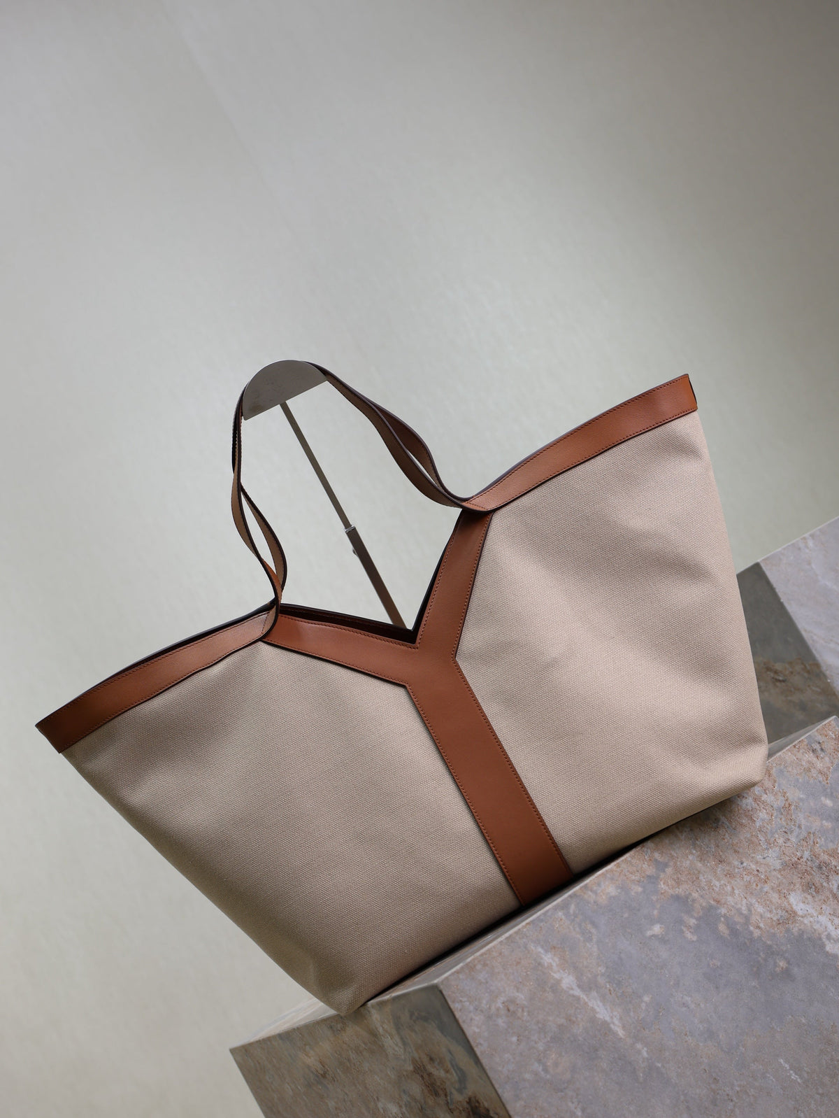 Prada Y Tote Bag Beige Brown Canvas Leather