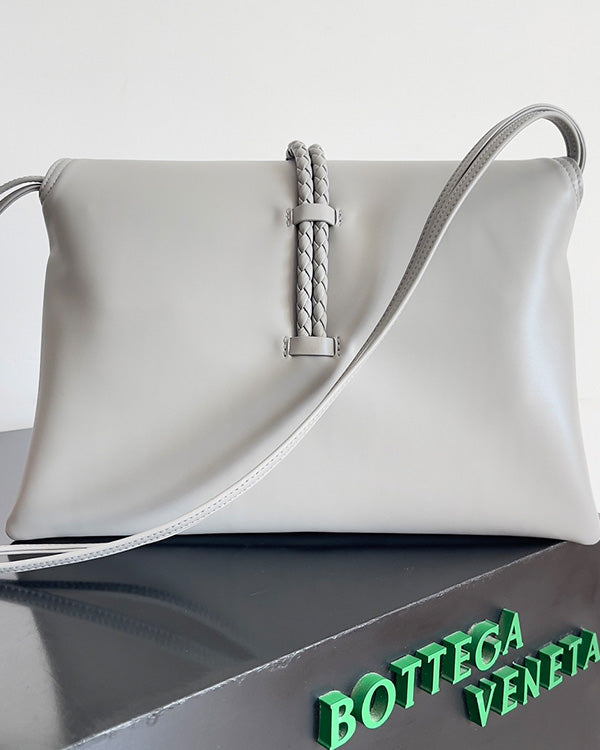 BV Liberta Crossbody Bag Buckle 30cm Silver Gray Cowhide