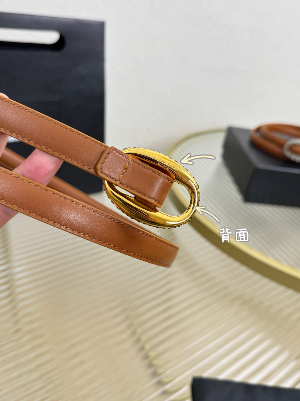 YSL 1.5 Gold Oval Buckle Belt Brown Leather 200481