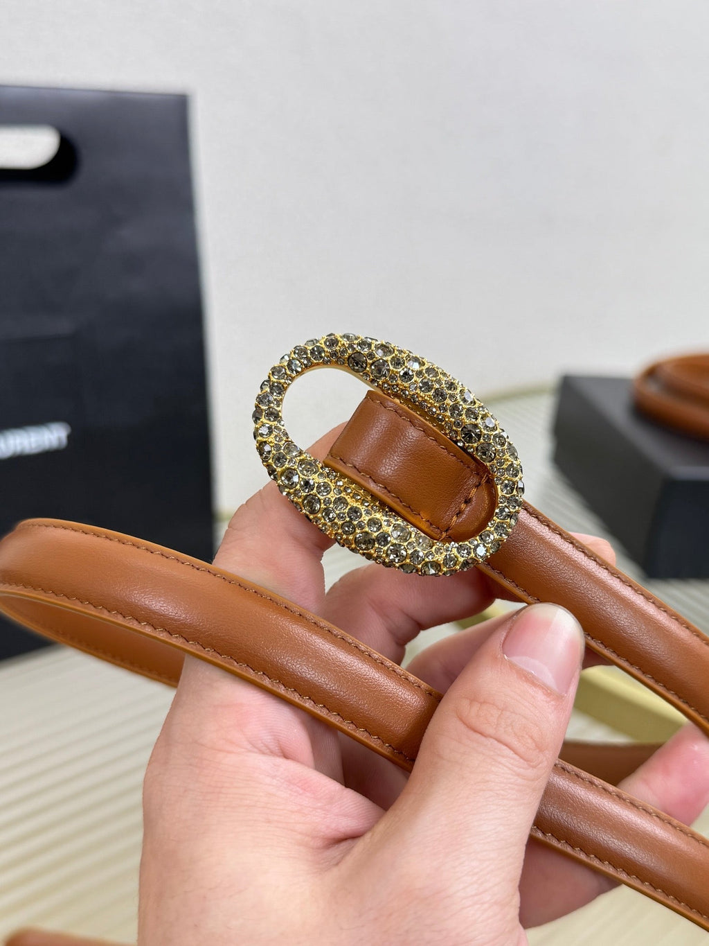YSL 1.5 Gold Oval Buckle Belt Brown Leather 200481