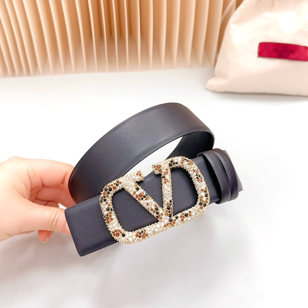 Vlogo Brown Black White Stone Gold Buckle Belt 40mm Black Leather