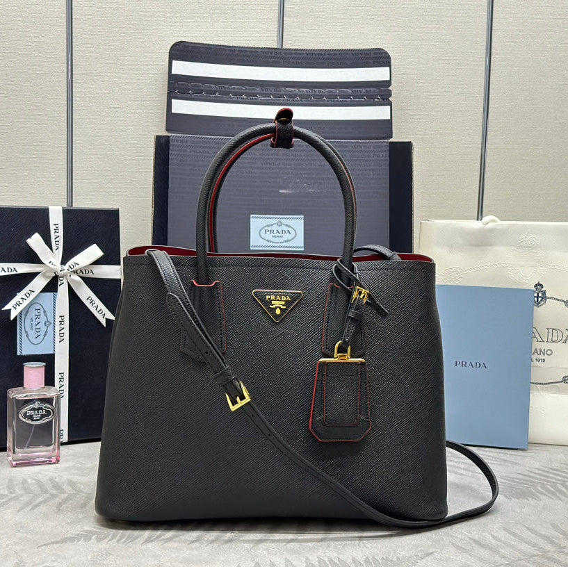 Prada Double Tote Bag Black Red Grain Leather
