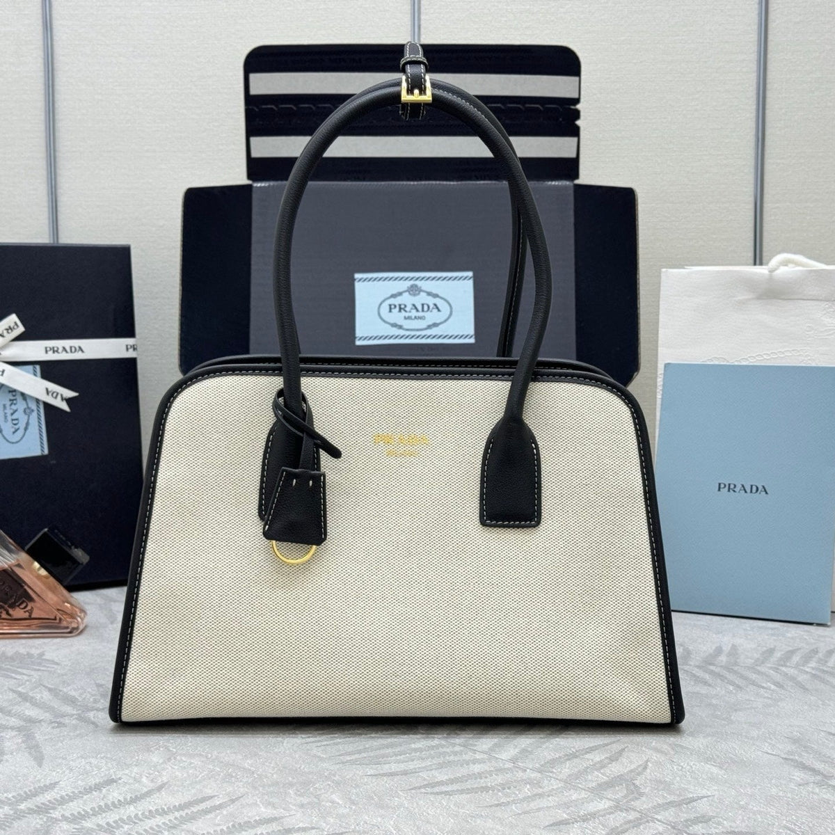 Prada Linen Medium Tote Bag Soft Grain Leather & Canvas