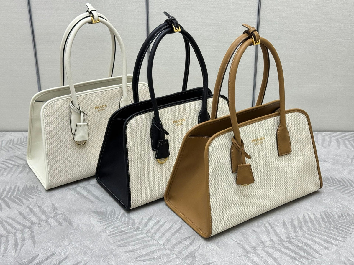 Prada Linen Medium Tote Bag Soft Grain Leather & Canvas