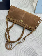 TOTE BAG WITH BELT 32 IN RUSSET BROWN SUEDE GOLD HARDWARE