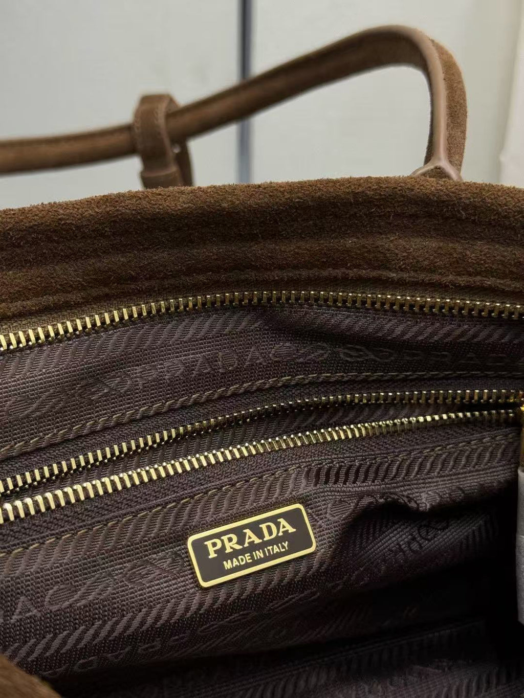 TOTE BAG WITH BELT 32 IN RUSSET BROWN SUEDE GOLD HARDWARE