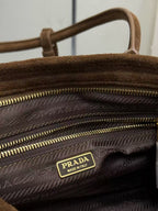 TOTE BAG WITH BELT 32 IN RUSSET BROWN SUEDE GOLD HARDWARE