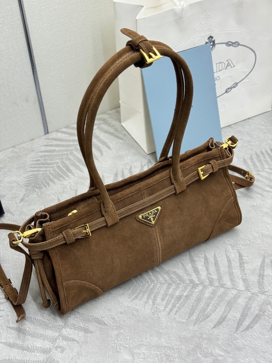 Prada Bonnie Large 32cm Brown Suede