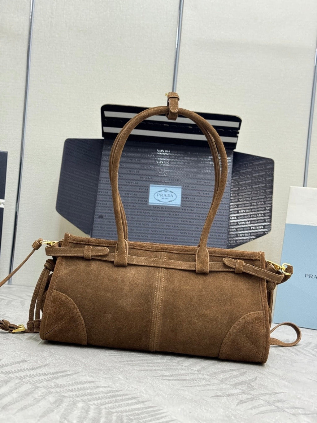 Prada Bonnie Large 32cm Brown Suede