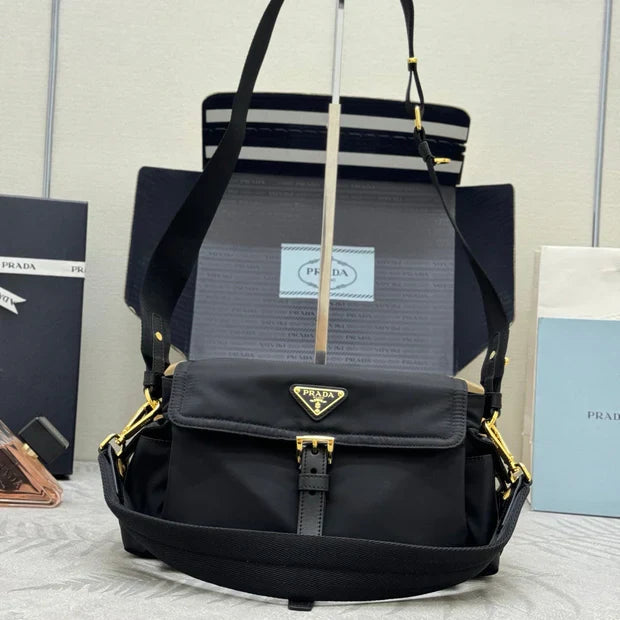 Prada 2026 Explore Shoulder Bag 30cm With Flap Black Re-Nylon
