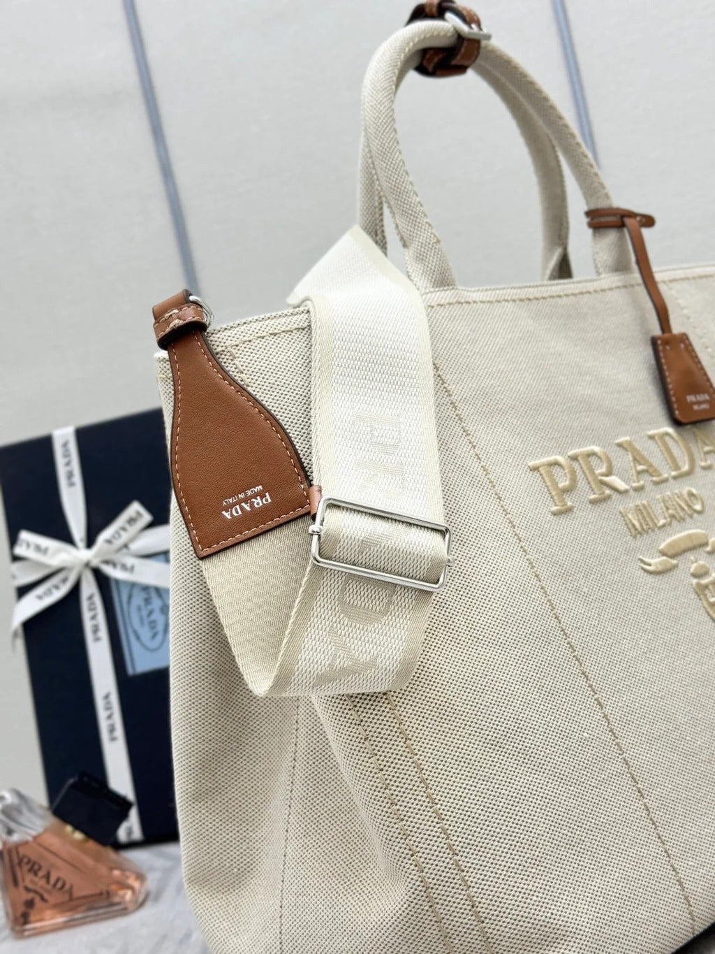 Prada 2026 Jardinière Tote Bag 43cm Cotton Canvas
