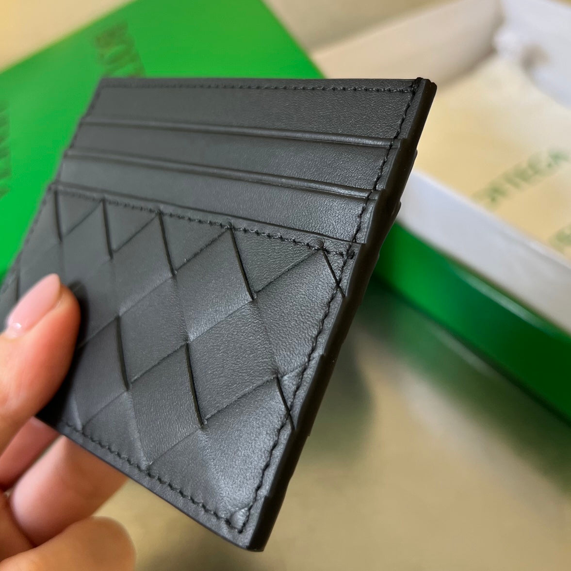 BV Credit Card Case Black Intrecciato Leather