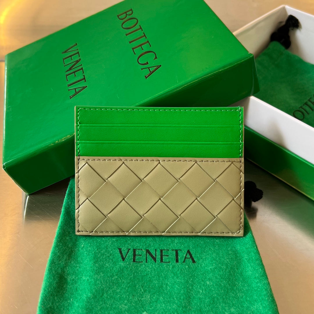 BV Credit Card Case Green Beige Intrecciato Leather