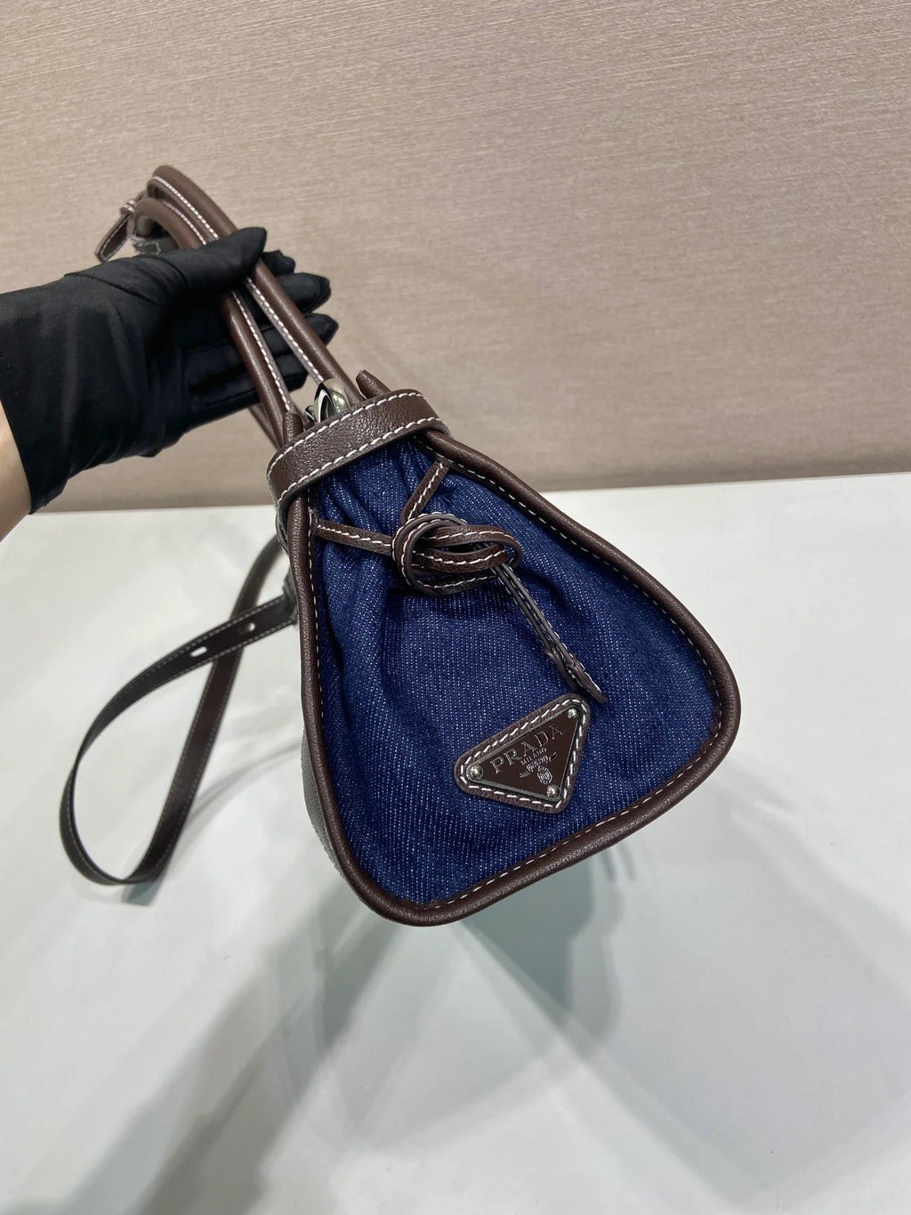Prada 2026 Bonnie Bag 32cm Blue Brown Denim Leather 351805