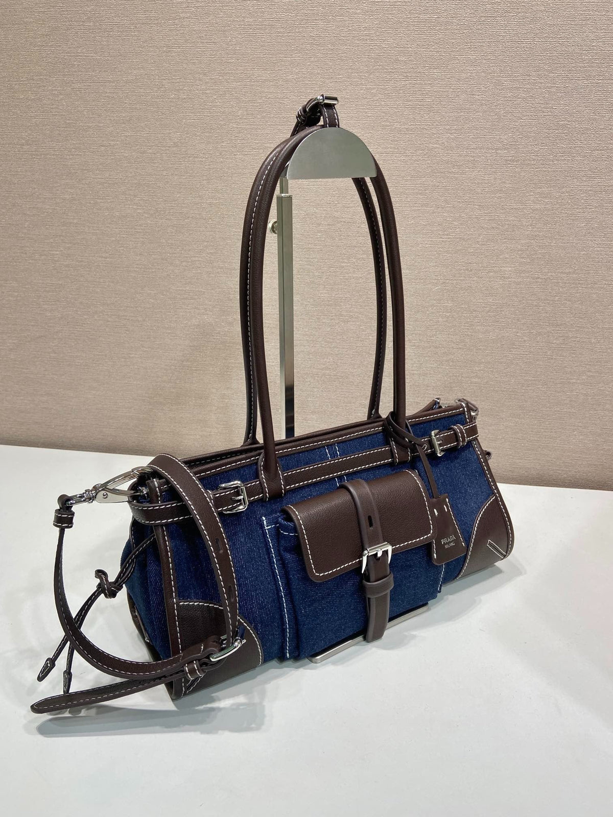Prada 2026 Bonnie Bag 32cm Blue Brown Denim Leather 351805