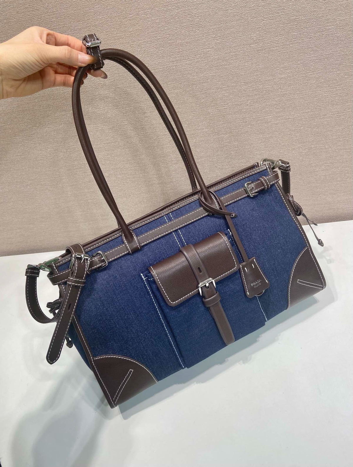 Prada 2026 Bonnie Bag 38cm Blue Brown Denim Leather 351797