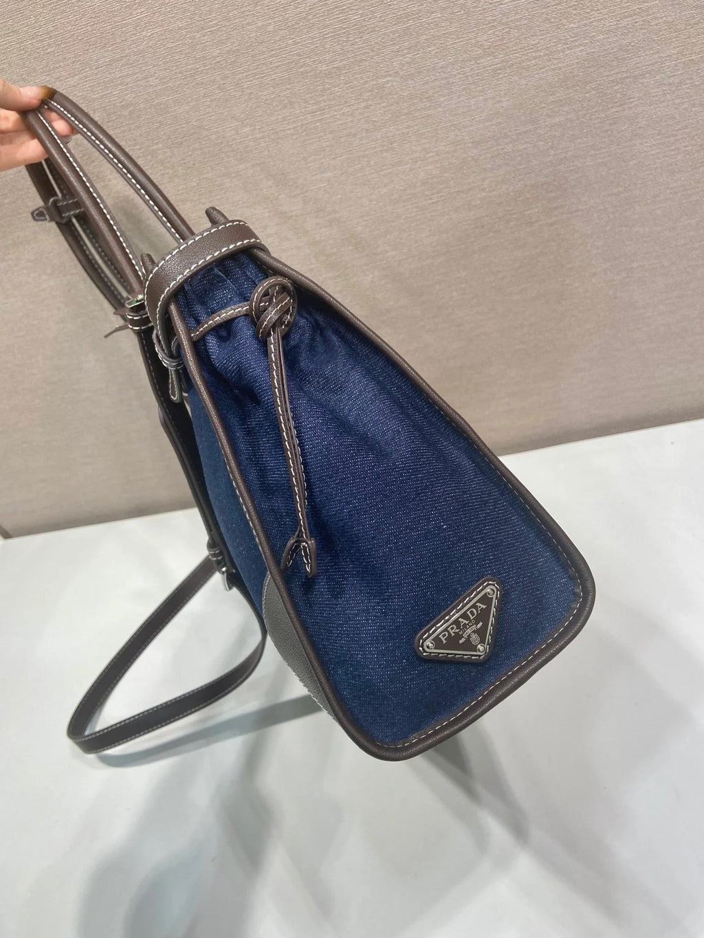 Prada 2026 Bonnie Bag 38cm Blue Brown Denim Leather 351797