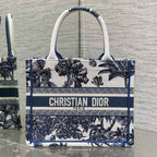 CD Small Dior Book Tote Tropical Pattern Slate Blue White Cotton