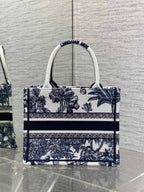 CD Small Dior Book Tote Tropical Pattern Slate Blue White Black Cotton