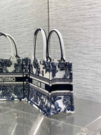 CD Small Dior Book Tote Tropical Pattern Slate Blue White Black Cotton