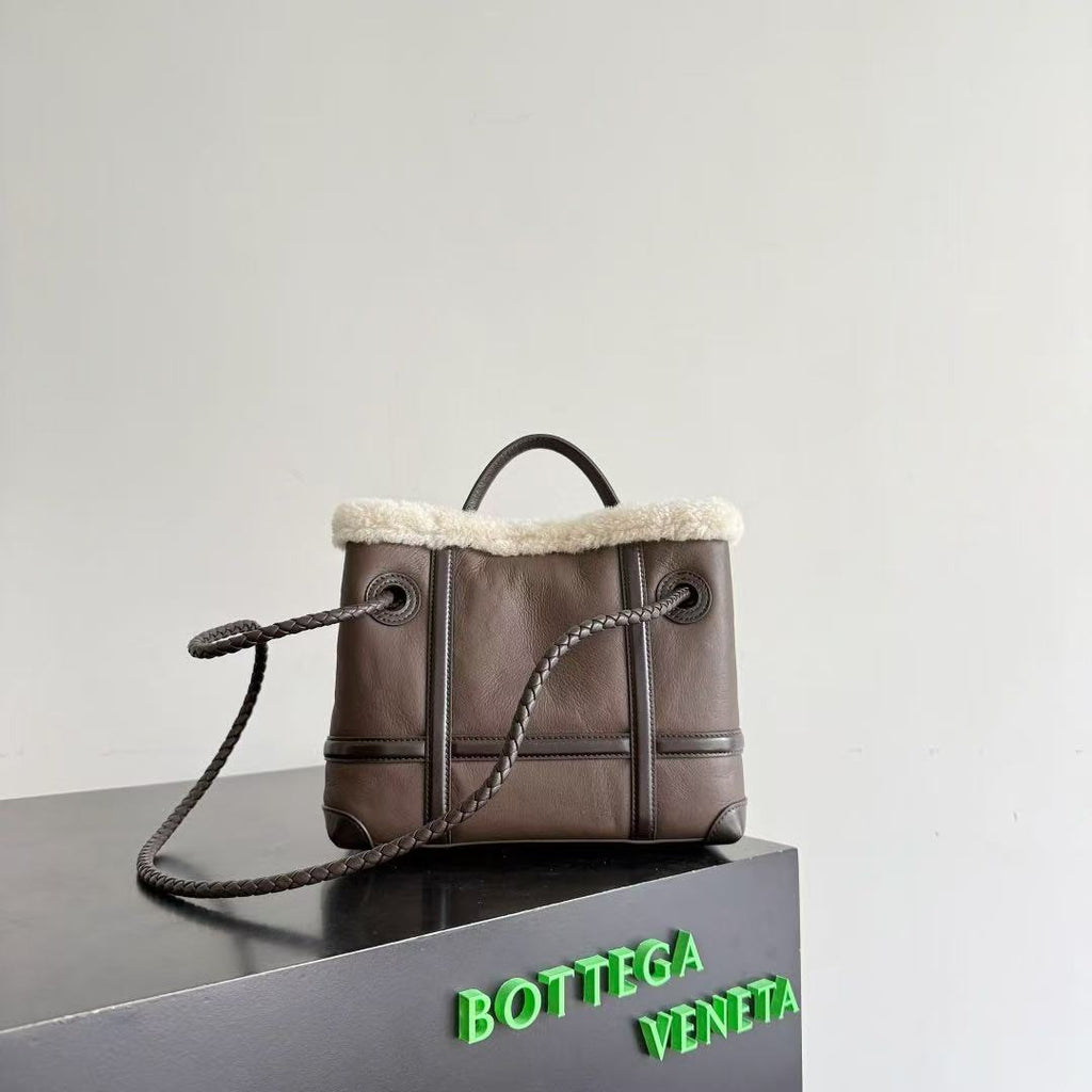 BV Andiamo Small  Brown White Fur Leather