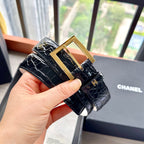 CC Belt 3cm Black Embossed Crocodile Pattern Leather 202934
