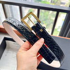 CC Belt 3cm Black Embossed Crocodile Pattern Leather 202934