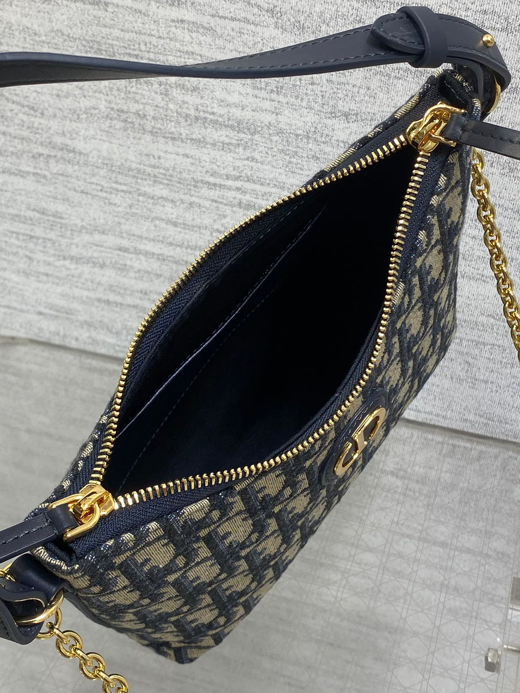 Dior 2025 Bag 19cm Navy Blue mix Beige Oblique Fabric mix Leather 272830
