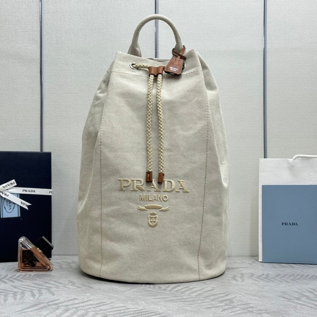 Prada 25s Drawstring Backpack 55 In Beige Canvas Linen Silver Hardware