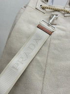 Prada 25s Drawstring Backpack 55 In Beige Canvas Linen Silver Hardware