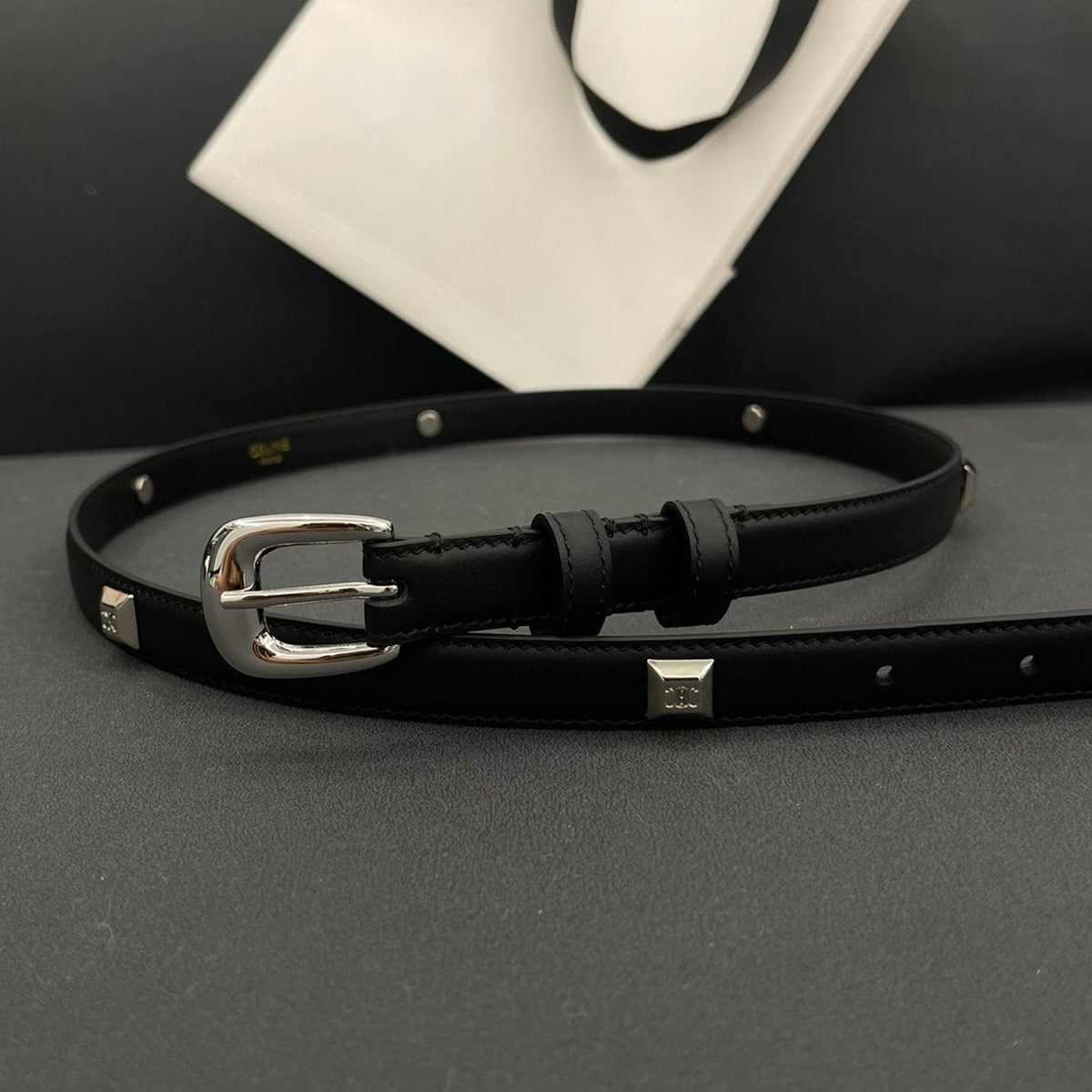 CL SMALL 18 MM TRIOMPHE BELT IN TAURILLON BLACK LEATHER SILVER HARDWARE