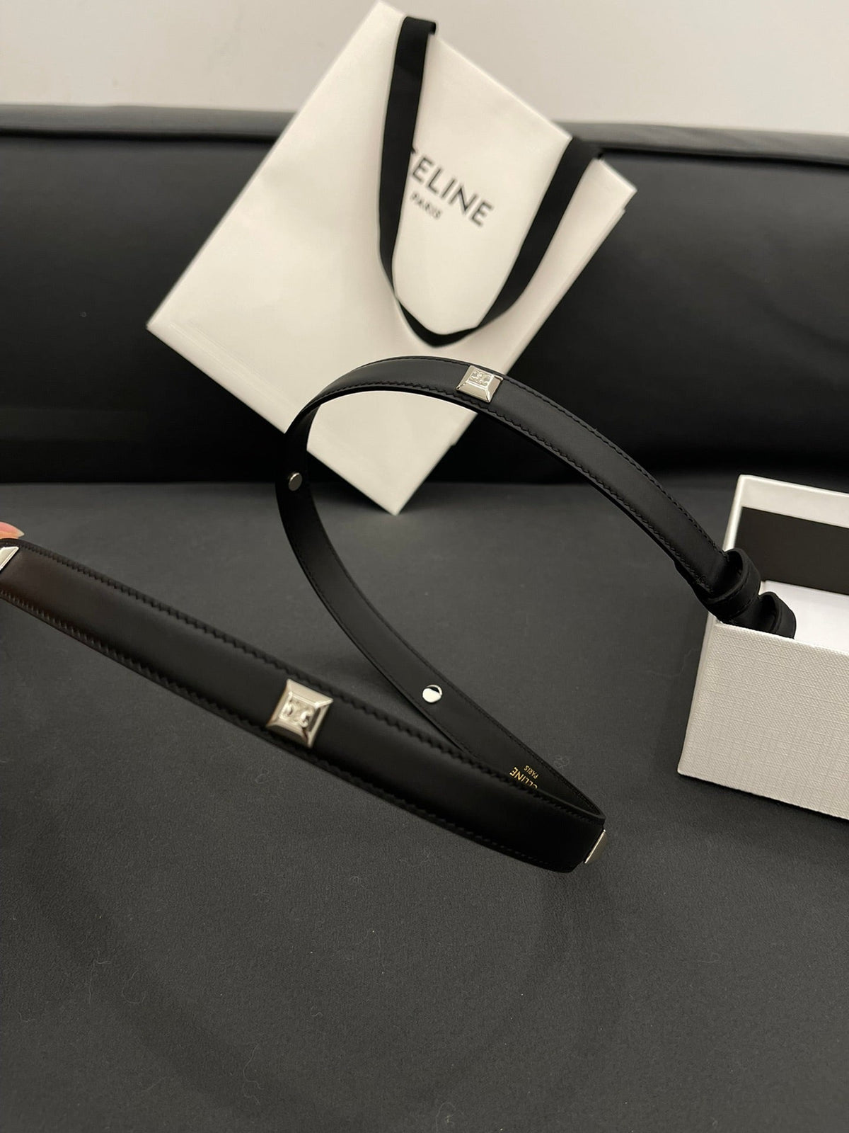 CL SMALL 18 MM TRIOMPHE BELT IN TAURILLON BLACK LEATHER SILVER HARDWARE