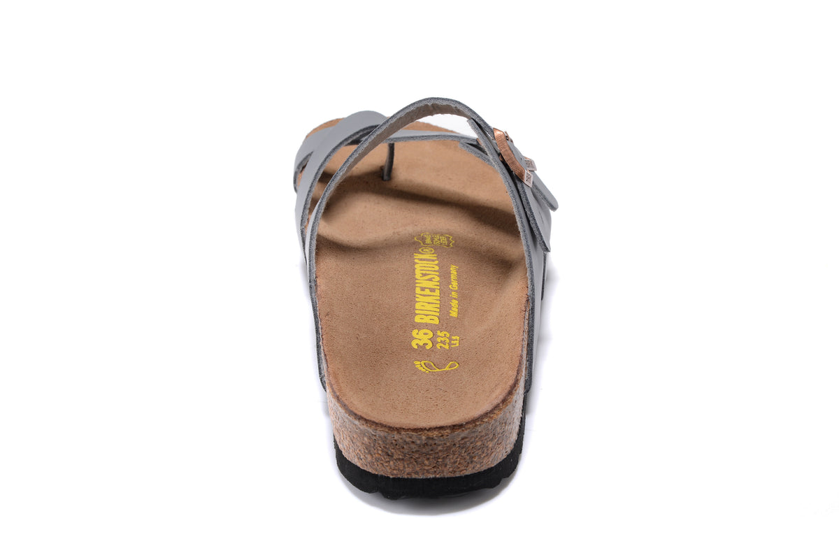 Birkenstock Mayari Sandal Gray Birko-Flor with Rose Gold Buckles